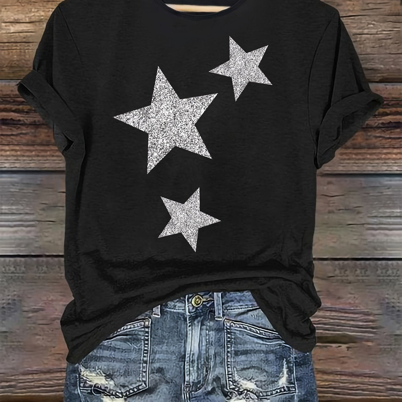 TEMU Women's Casual Round Neck Short Sleeve T-shirt, Soft Fabric, Sparkling , Loose Fit, Summer Fashion, Regular Length, H-shape, Knit Top