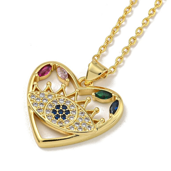Collares con colgante de corazón de melocotón y circonita cúbica colorida pavimentados de latón para mujer