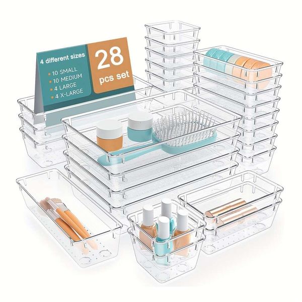 6-13-28pcs Clear Plastic Set, Desk Drawer Divider Organizers, Storage Bins for Makeup, Jewelry and Sundries, Home Accessories, Makeup Organi