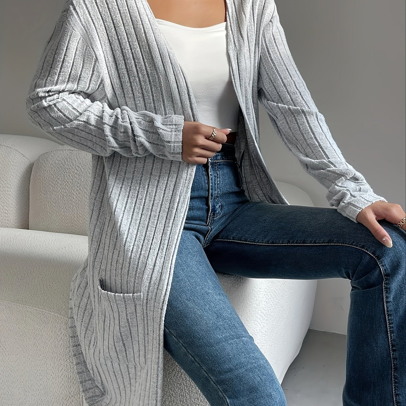 TEMU Women's Long Sleeve Cardigan - Round Neck Open Front With Pockets, Machine Washable Elegant Solid Color For Spring-fall Layering, Lightweight