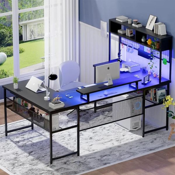 Shaped Reversible L Computer Desk with Power Outlets and LED Strip, Large Office Table with Monitor Stand and Storage Shelves