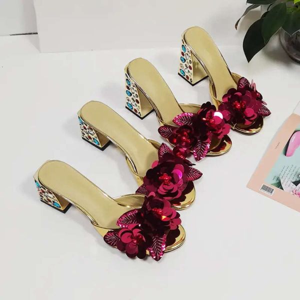Women 6CM Genuine 2024 Leather Rhinestone Heels Sandals Summer Flip-flops Slipper Slip-on Wedding Dress Gladiator Shoes Colourful Diamond 3D