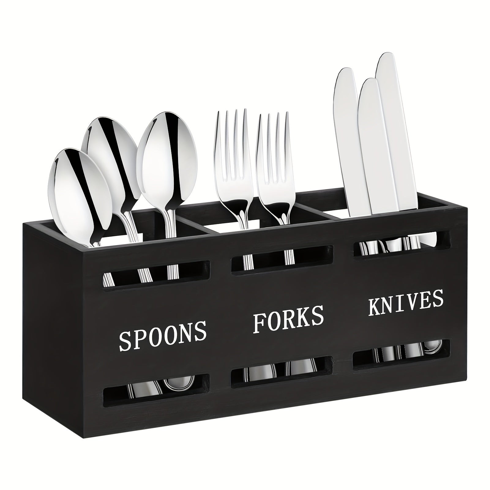 TEMU Rustic Wooden Kitchen Utensil Holder With Sturdy Iron Handle - 3-compartment Organizer For Spoons, Forks, Knives - Home & Restaurant Storage