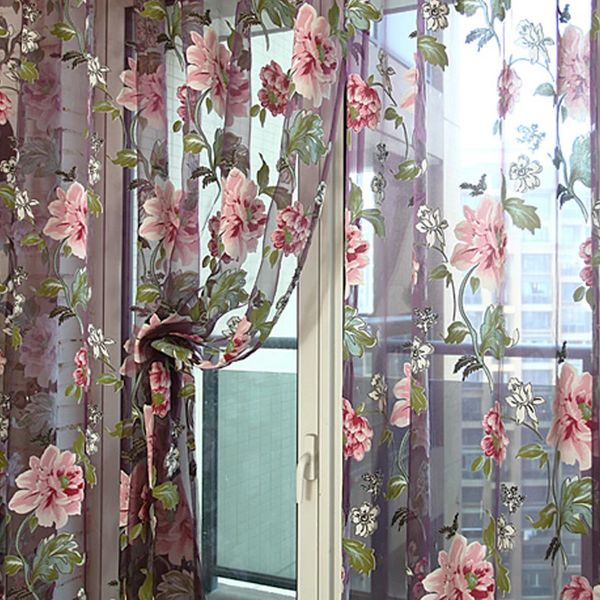 Purple Floral Tulle curtians for Living Room Kitchen The Bedroom Sheer Shade Curtain Window Treatments Curtains Panel Draperies 241015