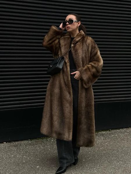 Womens Dark Brown Faux Fur Warm Long Coat Single Breasted Oversized Thickened Overcoat Winter Fluffy Plush Female Outerwear 241220