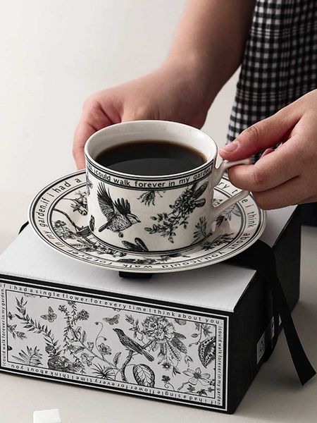 Black and White PatternCeramic Dishes and Plates Sets Korean Simple Retro Afternoon Tea Cup with Tray Special TablewareC241214