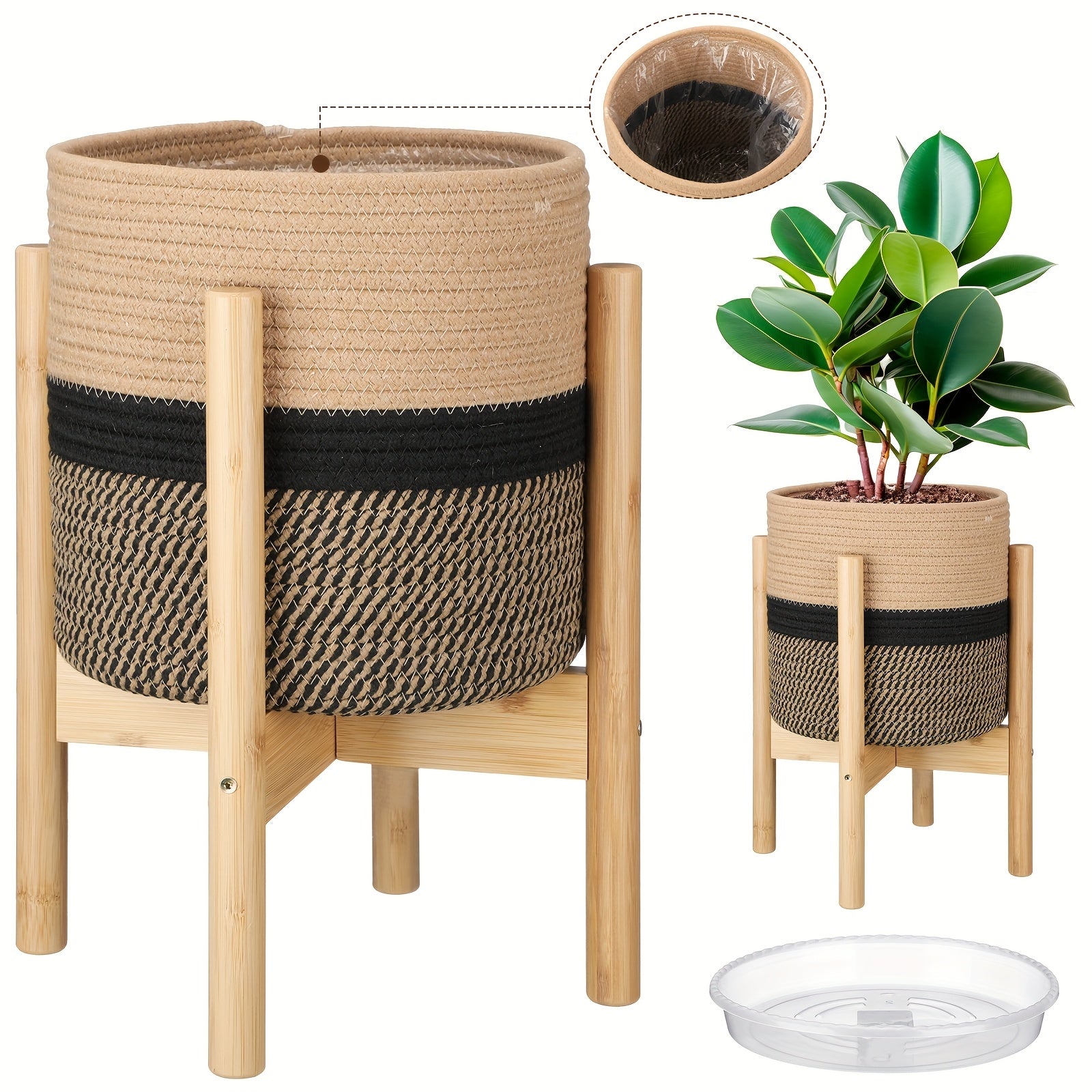 TEMU Plant Basket With Stand Indoor Planter Pot Holder Sturdy Jute Rope Modern Woven Basket, Cotton Rope Woven Pot With Bamboo Stand (10 Inch, Black