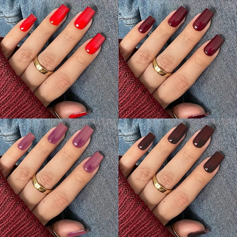 TEMU 96pcs Glossy Solid Color Medium Square Press On Nail Burgundy Red Wine Mixed Winter False Nails For Party And Daily