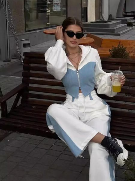 Casual Contrast Hoodies Pants Sets Women Slim Zipper Short Hooded Coats Lace Up Wide Leg Pant 2024 Autumn Lady Fashion Tracksuit 250208