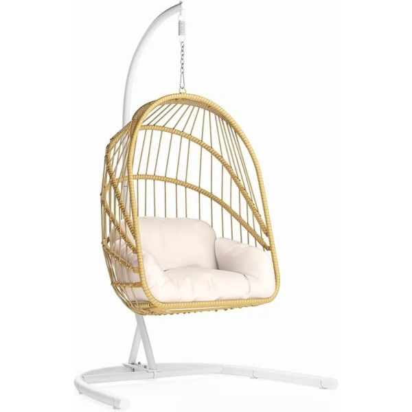 Chair Beach Wicker Swing Egg Chair With Cushions 370lbs Indoor Hanging Lounger Patio Bedroom - Beige Outdoor Swing Terrace Room