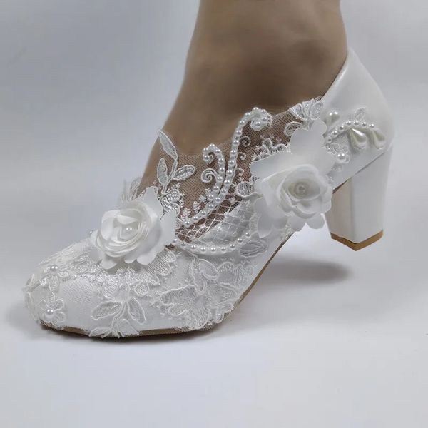 2024 Customized Wedding Shoes Bridal Maid Dress Shoes Thick Heels Medium High Heels White Lace Shoes Flower Womens Shoes 241113