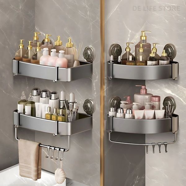 Aluminum bathroom rack with suction cup cup corner holder non drilled shower rack wall mounted shampoo rack bathroom organizer 241217