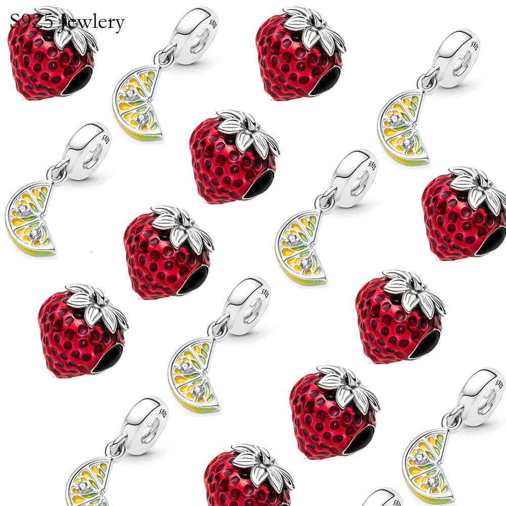 925 Sterling Silver Charm Lemon Slices Shining Seeds Strawberry Fruit Suspension Charm Suitable For Primitive Lady Bracelet Girl Gifts