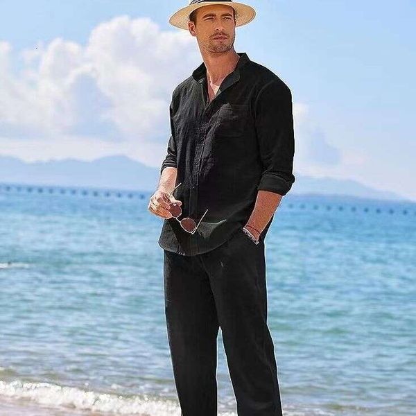 Sports Men s Beach casual solto ajuste camisa com mangas longas roupas de trabalho duas peças