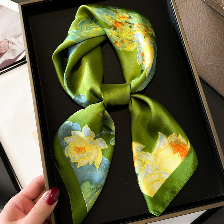 70x70cm Simple Scarves Fashion Flower Print Chain imitate Silk Scarf Headband for Women Fashion Handle Bag Scarves Paris Shoulder Tote Luggage Ribbo