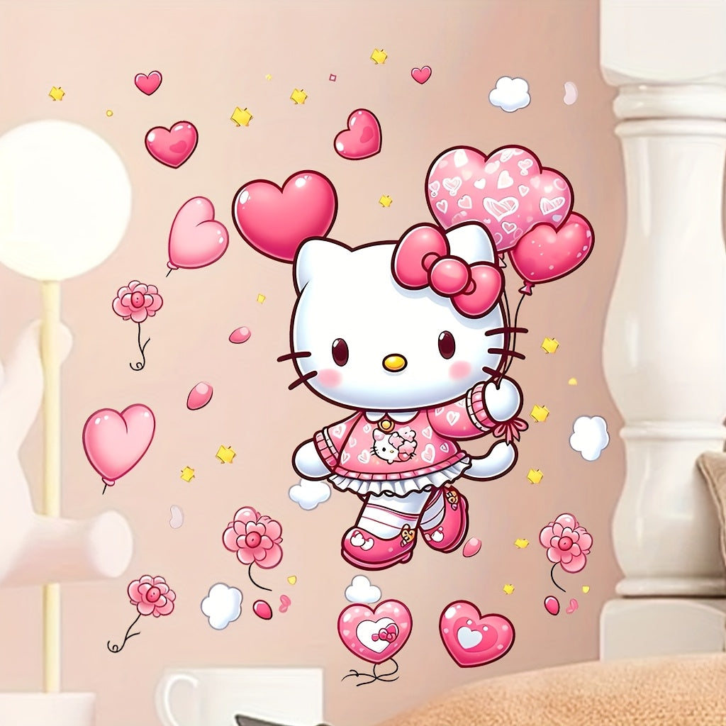 TEMU 1pc For Hello Kitty Heart Balloon Wall Sticker, Contemporary Style, Reusable And Washable Vinyl Decal, Self-adhesive For Living Room, Bedroom,