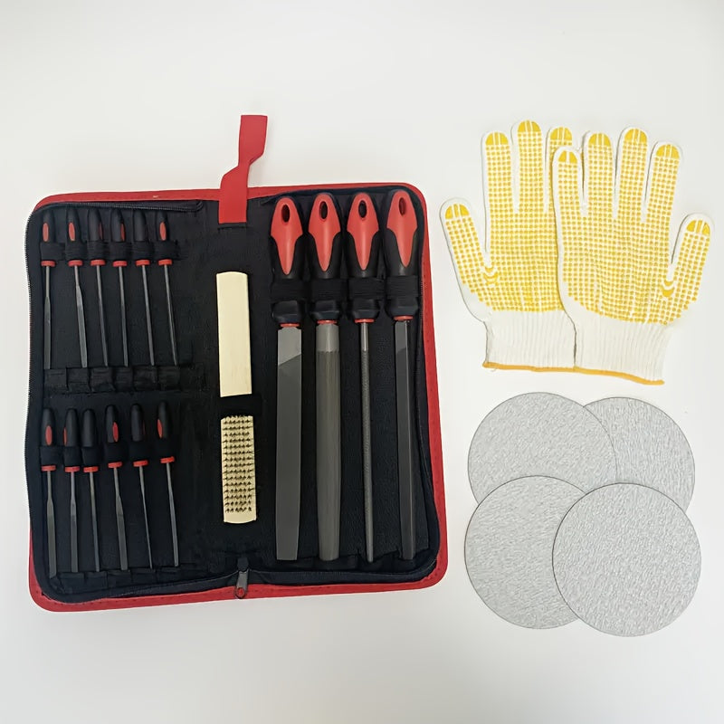 TEMU Hand File Set 17pcs-19pcs, Contains Flat--half-round-round Large Files&12-14 Needle Files&cleaning Brush And Portable Bag.industrial Hand Tool