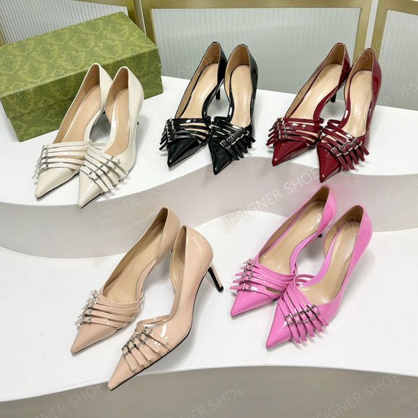 High quality Patent leather slingback sandals five buckle Kitten heels Dress shoes womens Stiletto heels Luxury designer heeled Evening wedd