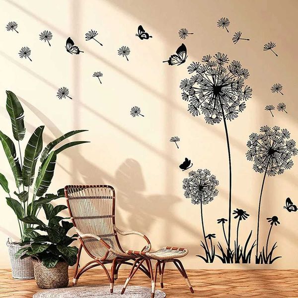 Black Dandelion Wall Stickers Butterflies On The Wall Living Room Bedroom Glass Window Decoration Mural Art Home Decor Decals Y240730