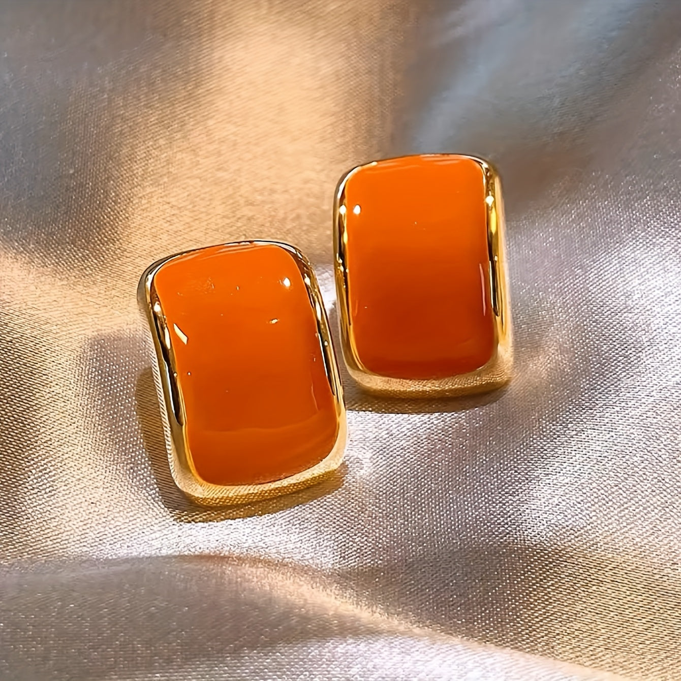 TEMU 1 Pair Of Elegant Vintage-inspired Square Drop Earrings For Women - Orange & Golden Alloy With Copper Posts, Parties, Banquets & Casual Attire,