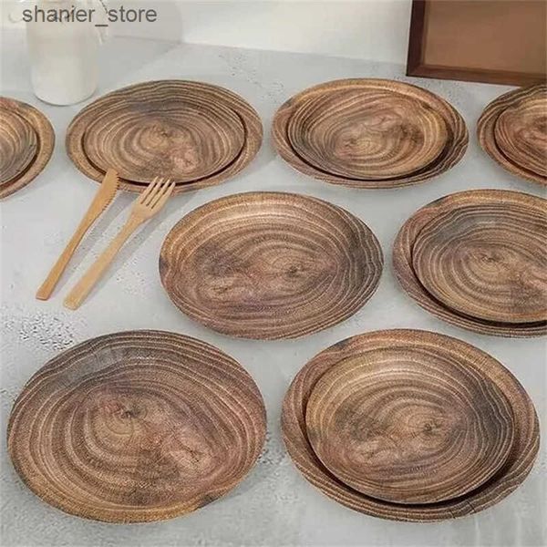 Disposable Dinnerware 10pcs 7-inch-9-inch retro imitation wood grain disposable plate paper tray birthday party holiday party decoration hou