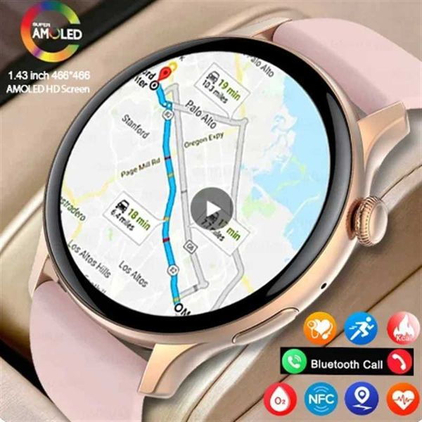 GPS smartwatch for women 1.43-inch AMOLED 466 * 466 high-definition screen sports heart rate NFC customized dial-up BT call smartwatch for w