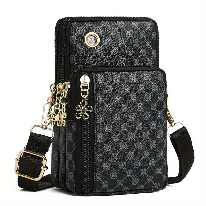 TEMU Adjustable Crossbody Phone Bag With Zipper Closure - Stylish Black Mini Shoulder Bag For Women, Casual & Versatile Wristlet Purse With Tassel