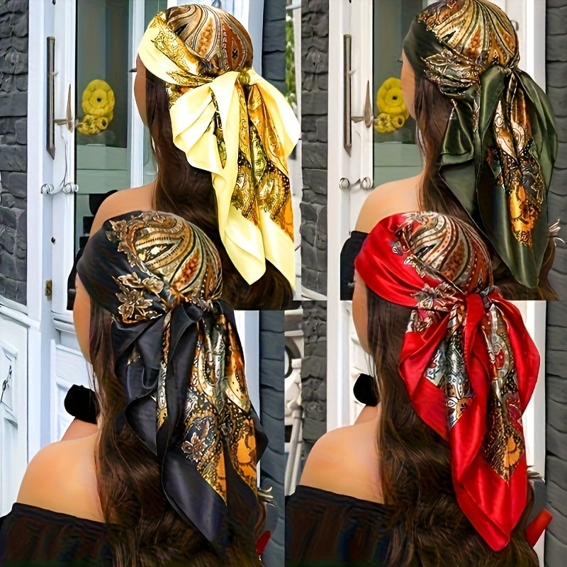 TEMU 4pcs Women's Headscarf Set, 35, 43x35, 43 Inch Square Scarves, (black, Yellow, Green, Red) - Stylish Paisley Print, Non-stretch, Hand Or Machine
