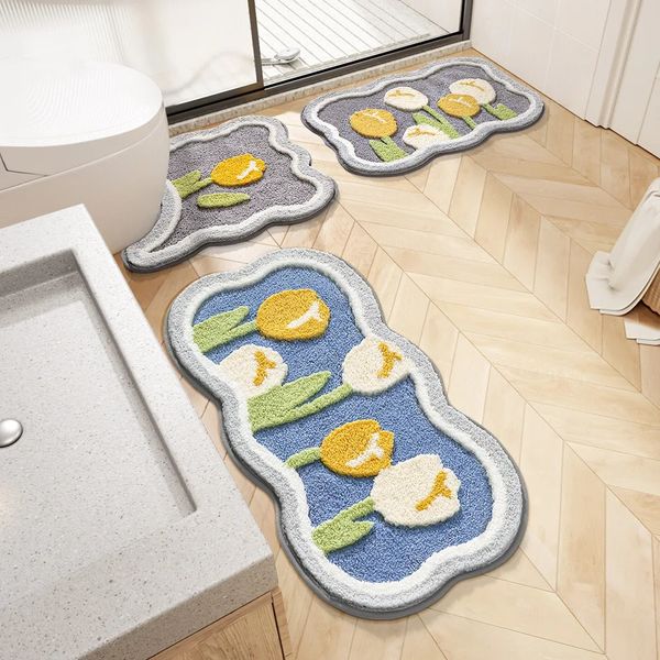 Bathroom Non-slip Mat 3-piece Set Modern Minimalist Flower Absorbent Floor Mat Thickened Bathroom Door Mat High Quality Bath Mat 241112