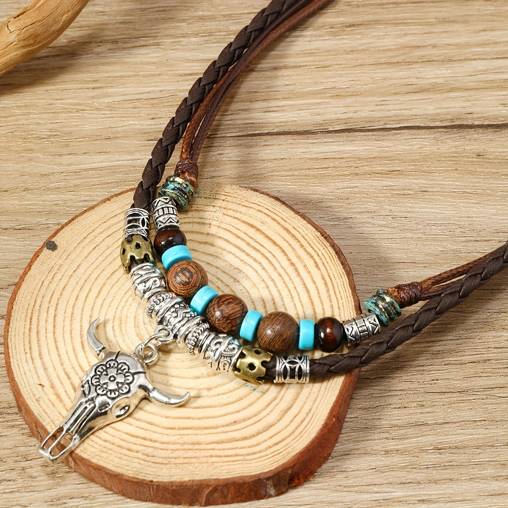 TEMU 1pc Bohemian Cow Skull Necklace - Wood Beads & Wax Thread Beads Handmade-look Pendant, Rustic Boho For Ranch, Festival, Casual Attire - Durable