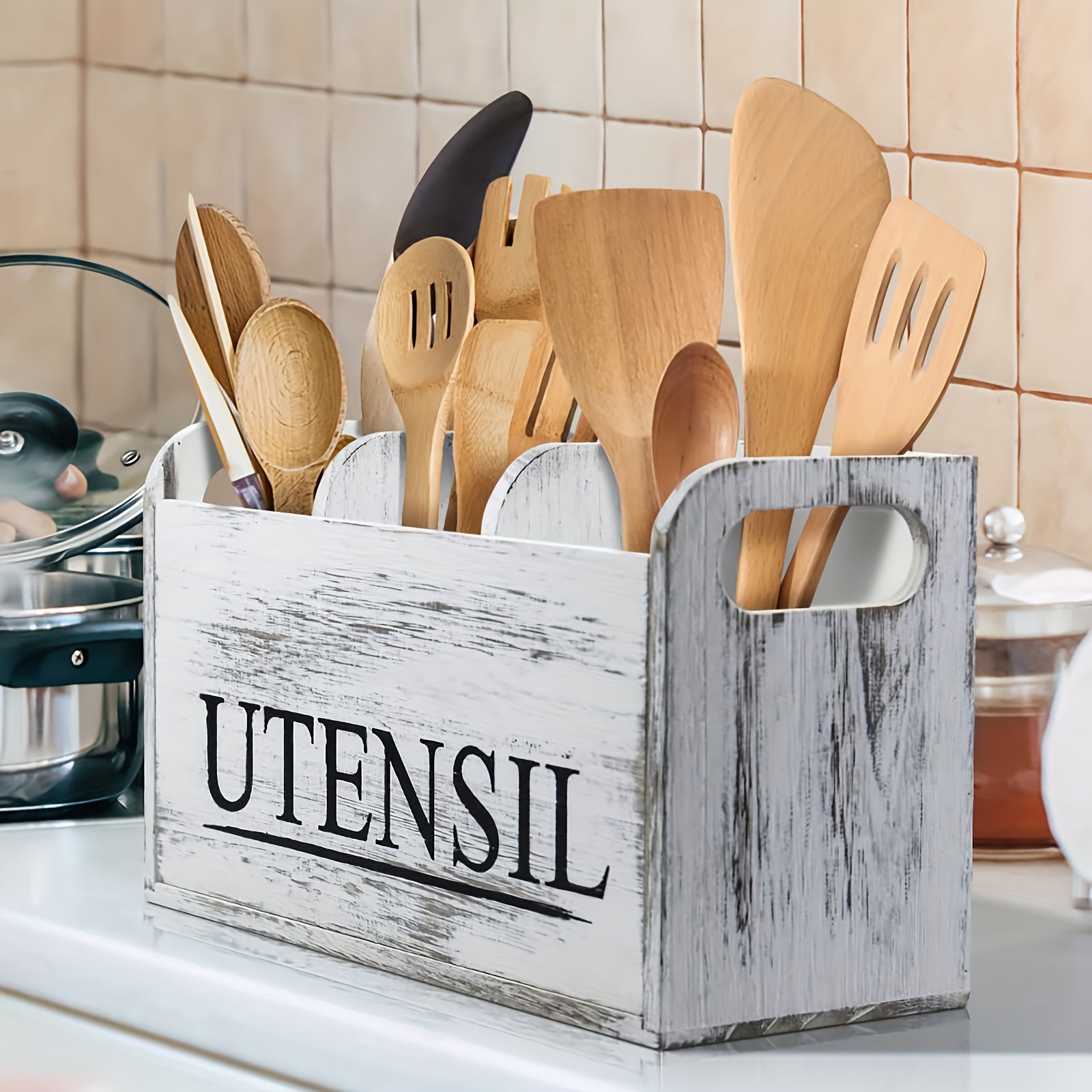 TEMU Rustic Wooden Kitchen Utensil Rack, A Wooden Kitchen Utensil Rack - Three-compartment Organizer Box, Suitable For Countertops, Used To Store