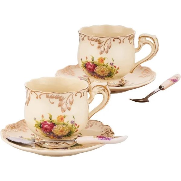 European porcelain tea cup and sauce set vintage floral ivory gold decorated coffee 8 2 sets in total 240927