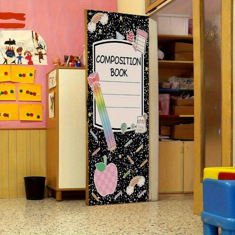 TEMU 2d Door Sign, 1 Back-to-school Composition Notebook Cover - Colored Pencils & Rainbow Design, Durable Polyester Fabric, Classroom Decoration, No