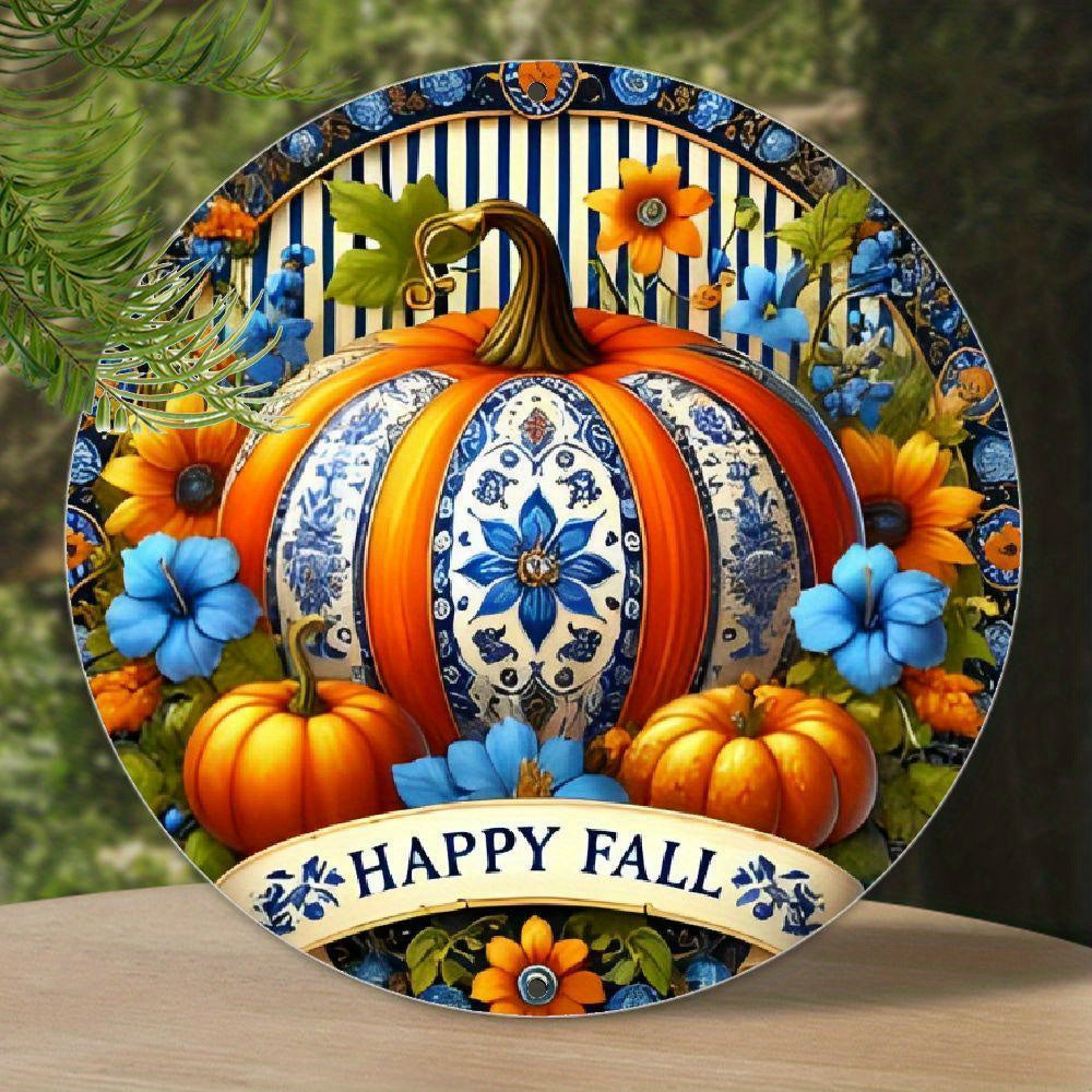 TEMU Happy Fall Pumpkin Aluminum Metal Sign - 8x8 Inch Round Wall Decor For Home, Farmhouse, Porch & Bedroom - Vintage Seasonal Art With Floral