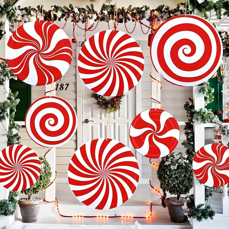 TEMU 6pcs Contemporary Christmas Candy Cane Decorative Plastic Hanging Ornaments, Round Holiday Wall Decor, No Power Needed, Battery-free, Festive