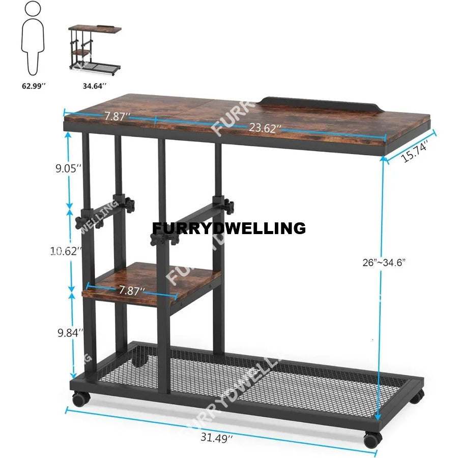 Height Adjustable Wheels, Mobile Side Table With Tiltable Drawing Dwe74 Board, Sofa Bedside Laptop Stand C Shaped TV Tray