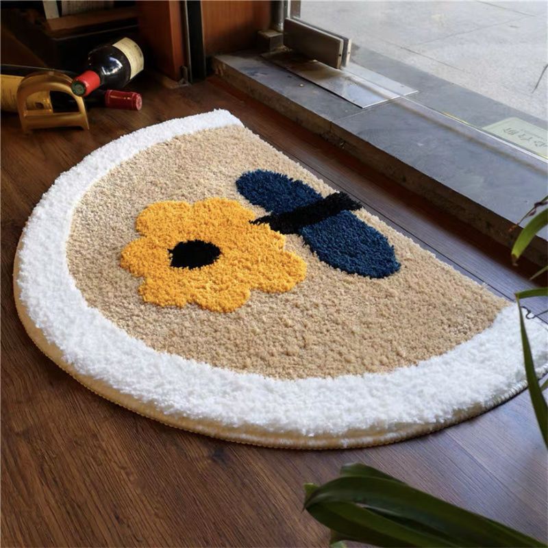 Flower Home Bathroom Semicircular Non-slip Floor Mat Bathroom Absorbent and Dirt-resistant Foot Mat Imitation Cashmere Carpet