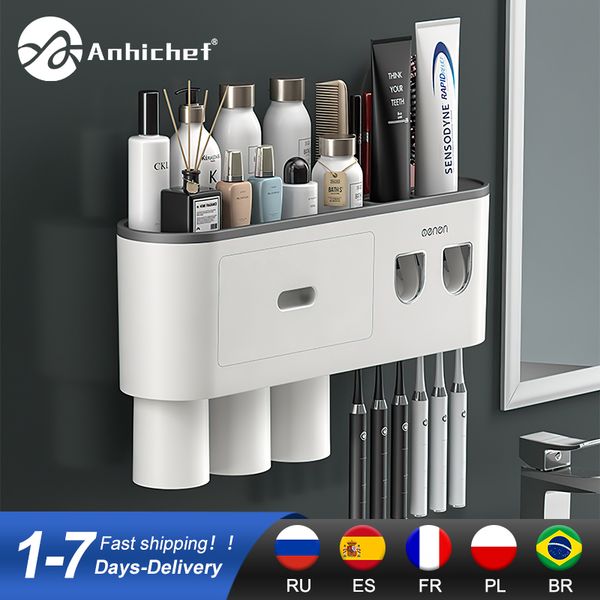 Toothbrush Holders Bathroom Magnetic Adsorption Inverted Toothbrush Holder Wall -Automatic Toothpaste Squeezer Storage Rack Bathroom Accesso
