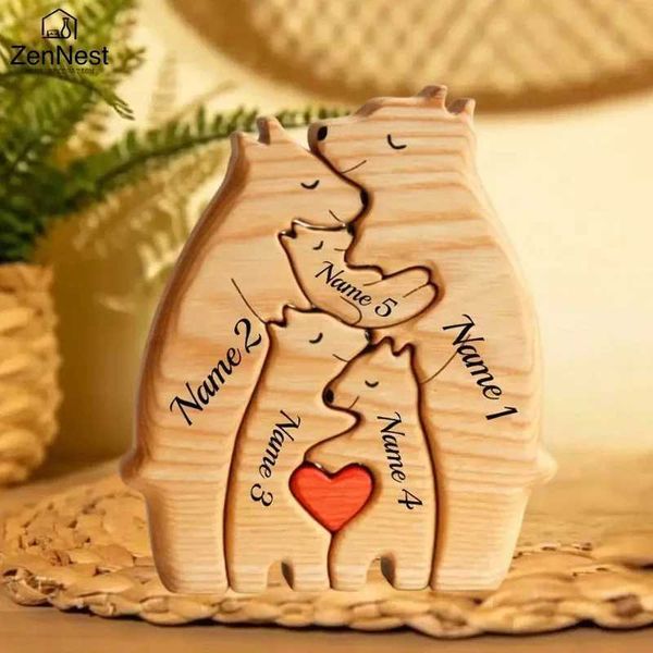 Art Wooden Bear Family Puzzle Personali Name Cust He Decor Thanksgiving Christmas warming Gift for Baby M Y241212
