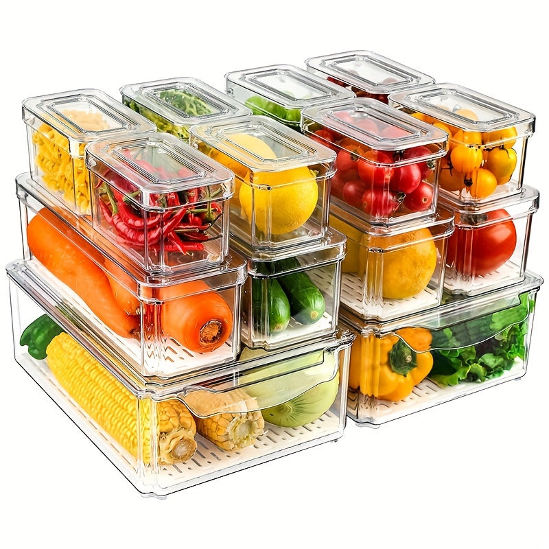 TEMU 14pcs Food Organizers, Stackable & Reusable Fresh Food Boxes, Stackable Refrigerator Organizer Bins With Lids, Clear Fridge Organizers And