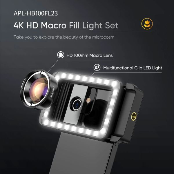APEXEL New Lente Macro 100mm Professional Cell Phone Macro Lens With LED Fill Light For iPhone Huawei Smartphones Photography