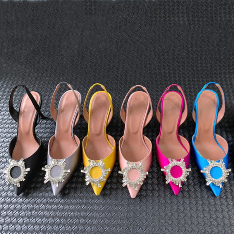 Womens Satin Sling Rhinestone Sandals Pointed Toe 2024 Summer High Heels Party Wedding Bride Shoes A005