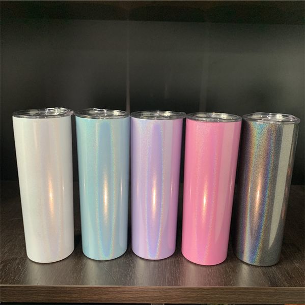 20oz Unbreakable sublimation blank holographic shimmer glitter straight skinny beer coffee travel water mugs cups with Splash-Proof Lid and