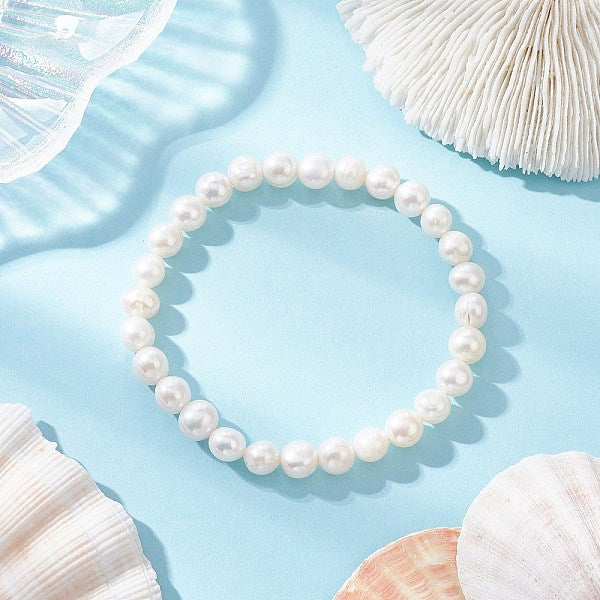 Natürliche Süßwasser-Zuchtperlen-Stretcharmbänder mit runden Perlen für Damen