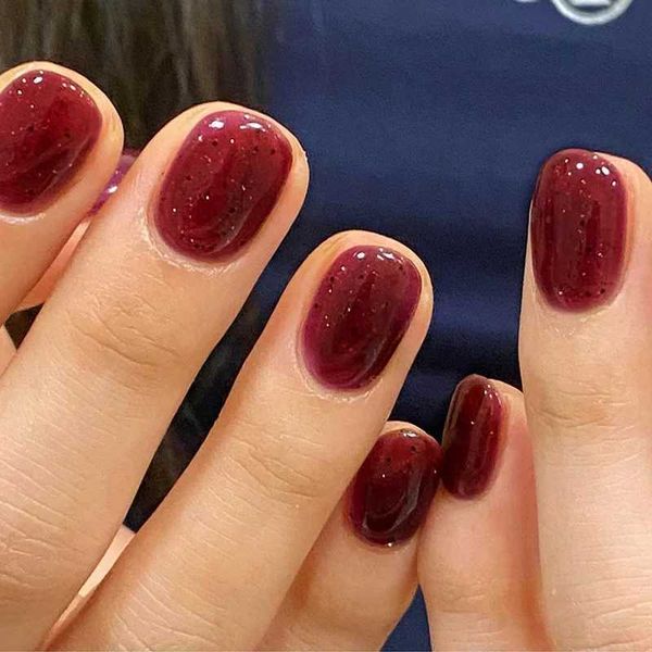 24 pieces of solid color wine red design fake nails short square shape press fake nails simple and detachable fully covered nail tips W24102