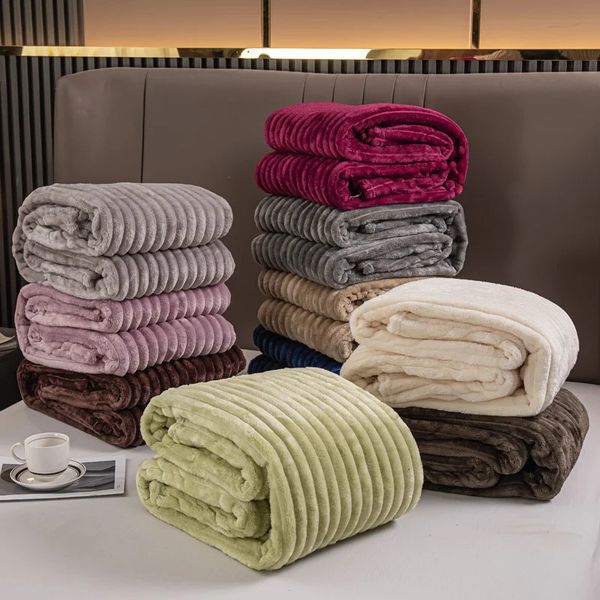 1pc Cozy Solid Striped Flannel Throw Blanket Soft and Warm Fleece Bedspread for Sofa Bedroom 240712
