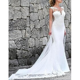 Engagement Formal Wedding Dresses Mermaid - Trumpet Illusion Neck Cap Sleeve Court Train Lace Bridal Gowns With Lace Embroidery 2024