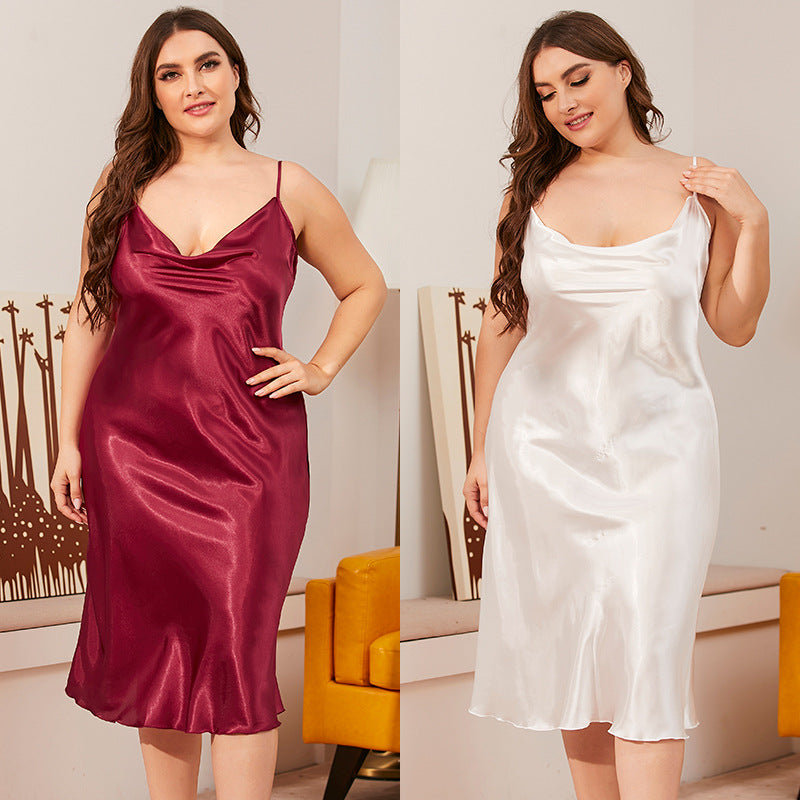 030 Plus Size Ice Silk Nightdress Women&#039;s Summer One-Piece Swing Collar Suspender Loose Home Clothes