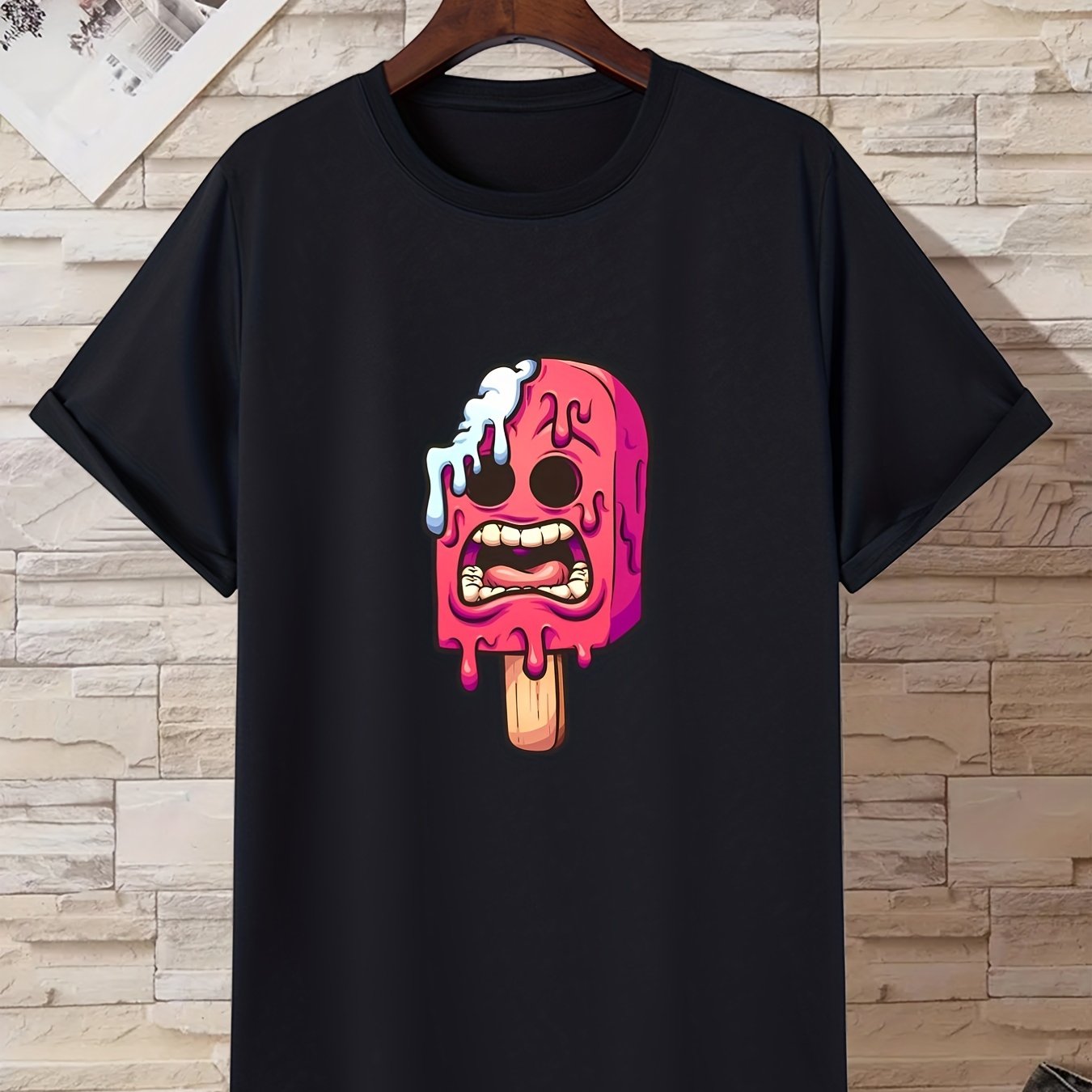 TEMU [summer Style] Men's Olive Green Casual T-shirt With Cartoon Ice Cream Print - Short Sleeve, Round Neck, 100% Polyester, Machine Washable -