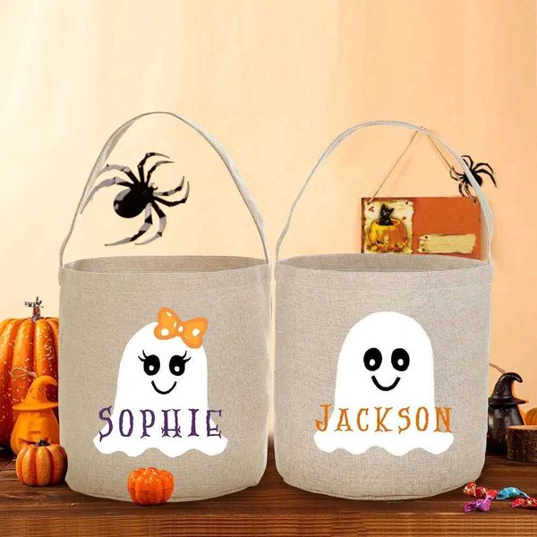 Personalised Trick or Treat Bag Custom Name Halloween Party Candy Bucket Bag Ghost Bat Tote Bags Portable Cookie Basket Kid GiftM240817